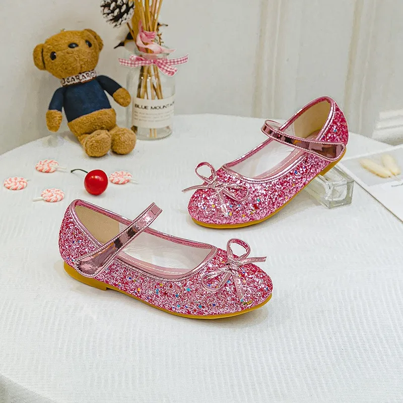 Girls Leather Shoes Kid's Bowknot Flats Princess Sequins Kid's Flats Children's Dance Shoes Size 24-37