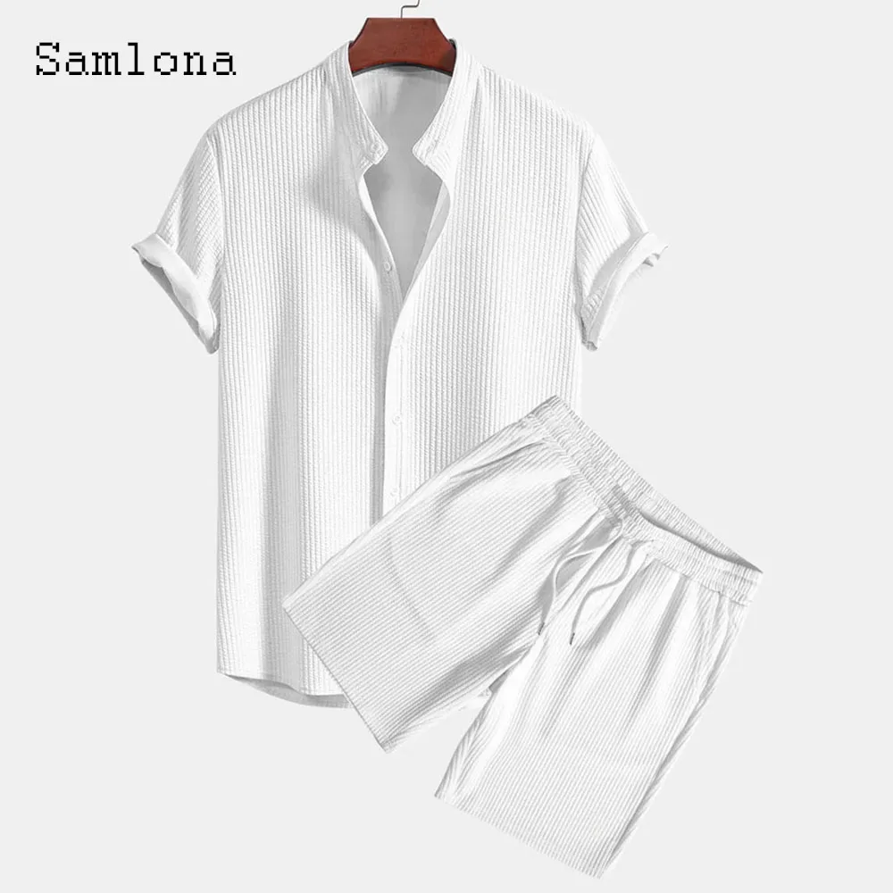 Mens Casual Knitted Two Piece Sets 2024 America and Europe Notched Blouse and Light Blue Shorts Suit Male Beach Tracksuits Set 3
