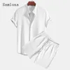 Mens Casual Knitted Two Piece Sets 2024 America and Europe Notched Blouse and Light Blue Shorts Suit Male Beach Tracksuits Set 3