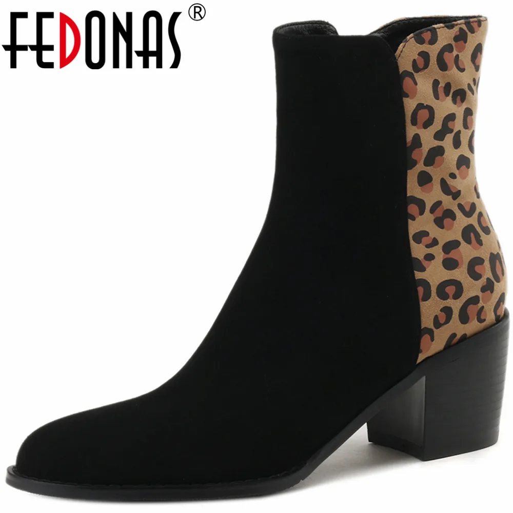 

FEDONAS Women Genuine Leather Ankle Boots Splicing Mixed Colors Thick High Heels Office Lady Shoes Woman Basic Autumn Winter New