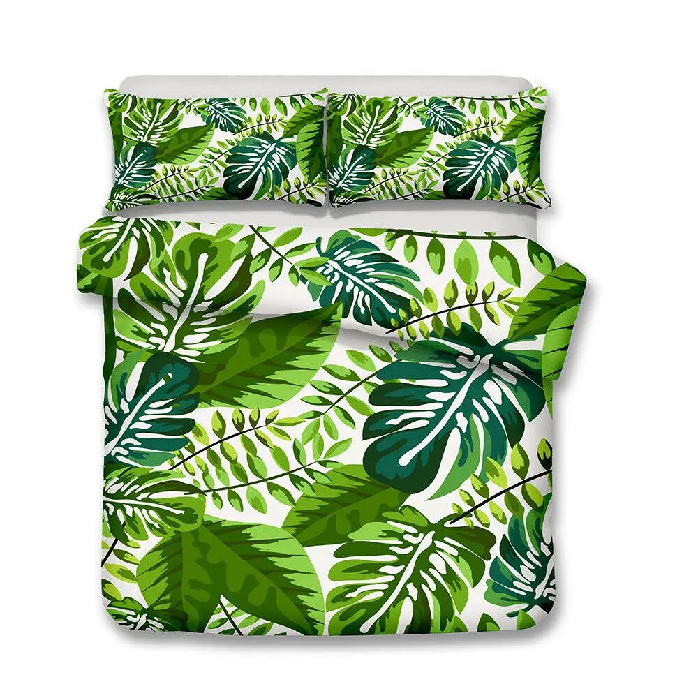 Tropical Duvet Cover Queen Size,Rainforest Luxury Quilt Cover Set Green Plant Palm Leaf Polyester Comforter Cover King Twin Size