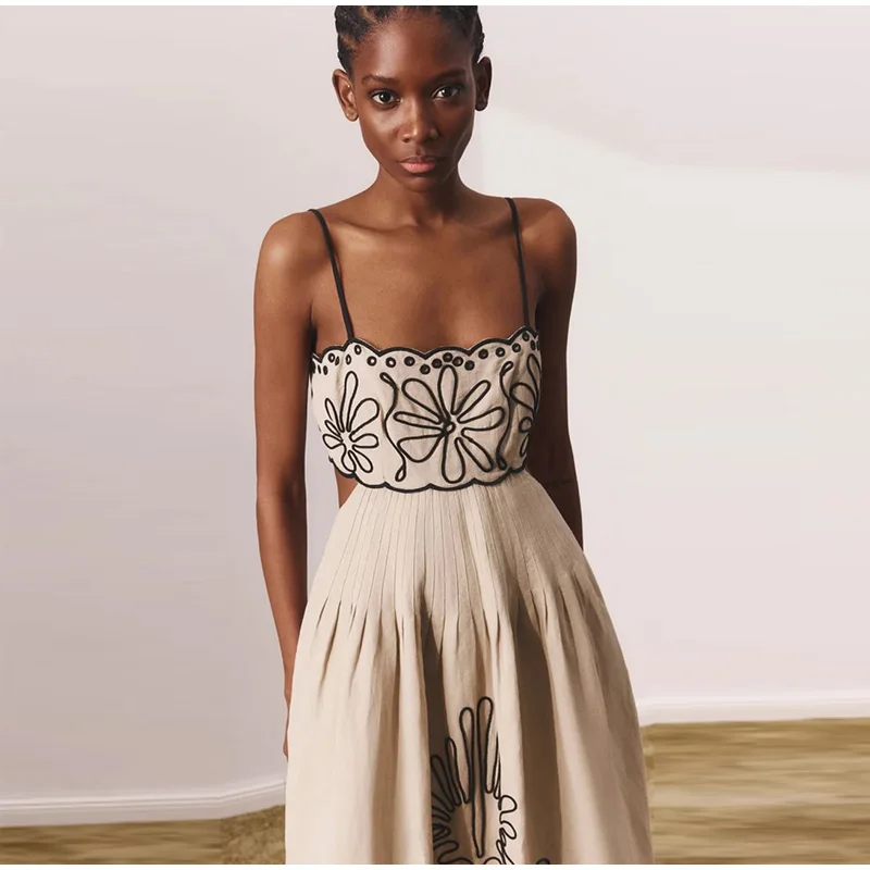 Embroidery Women Strap Dress Sexy Hollow Out Sleeveless Backless Wave Hem Lady Dresses 2025 Spring Summer Beach Ladies Robe picture