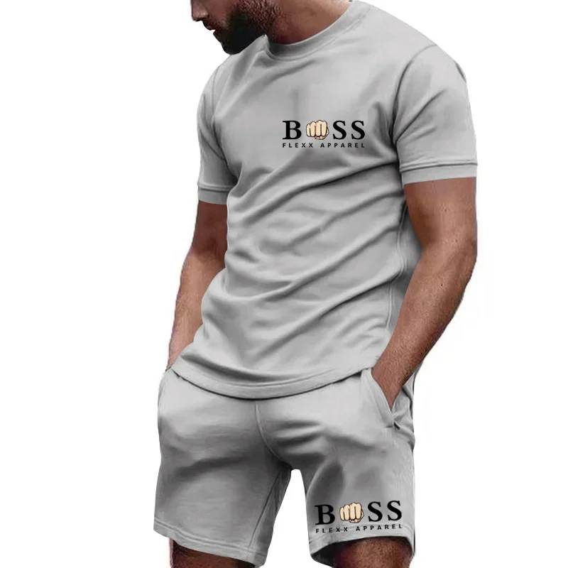 

2024 new men's fitness fashion casual fast drying breathable sportwear set short sleeve T-shirt + jogging shorts 2 sets