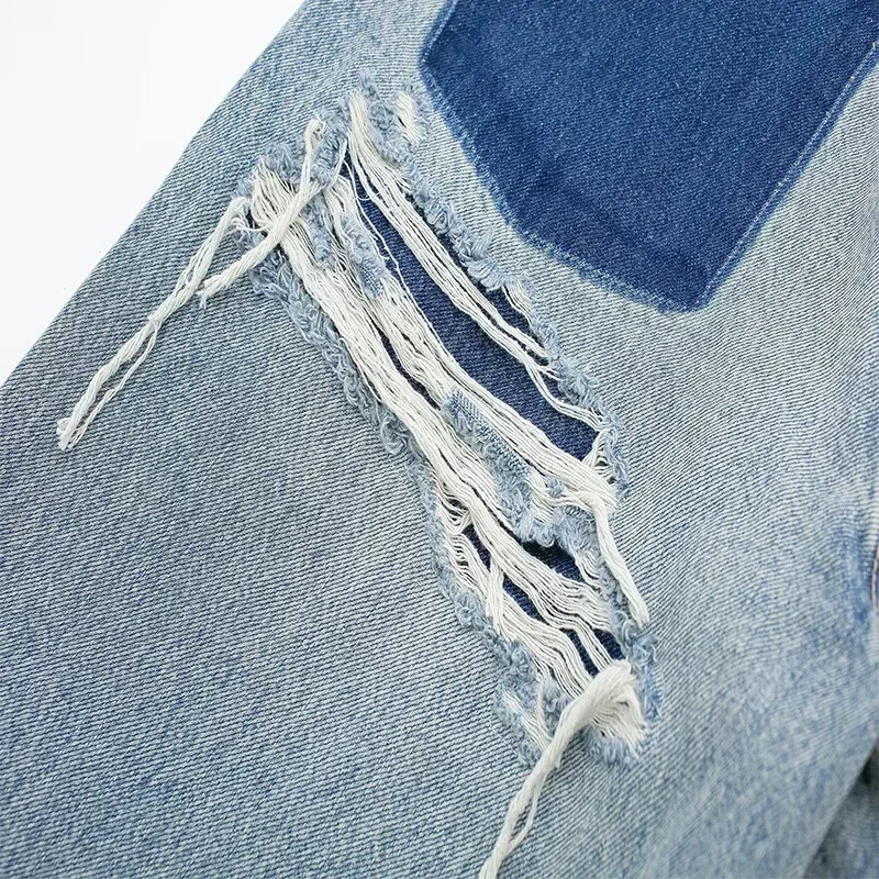 Women's Fashion Jeans Solid Colour Loose Trousers Gradient Colour Casual Streetwear Pant Broken Holes Decorated Jeans 5