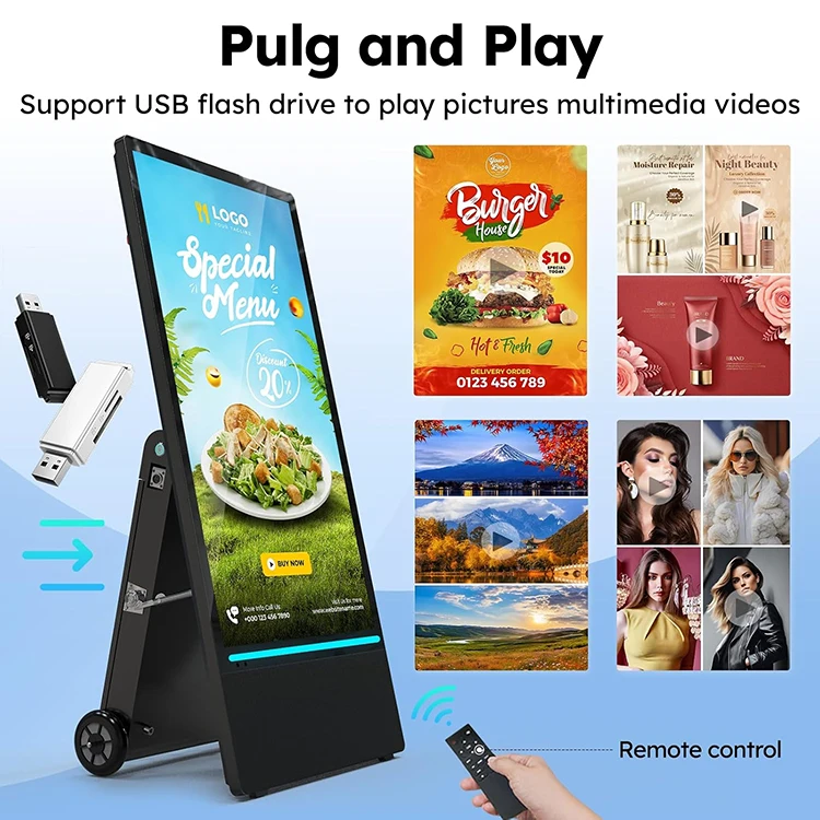 43인치 IP55 방수 디지털 포스터 접이식 휴대용 LCD 광고 화면 배터리 구동 야외 디지털 사이니지