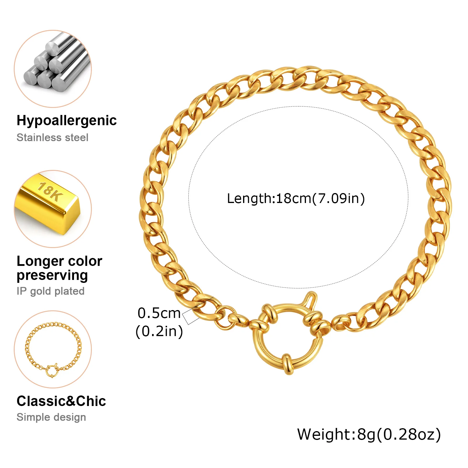 Edelstahl-Armband mit Ankerverschluss, gedrehtes Seil, klobiges Kuba-Kettenarmband, 18 Karat vergoldet, wasserfester Schmuck für Frauen, Geschenk – Detail 13