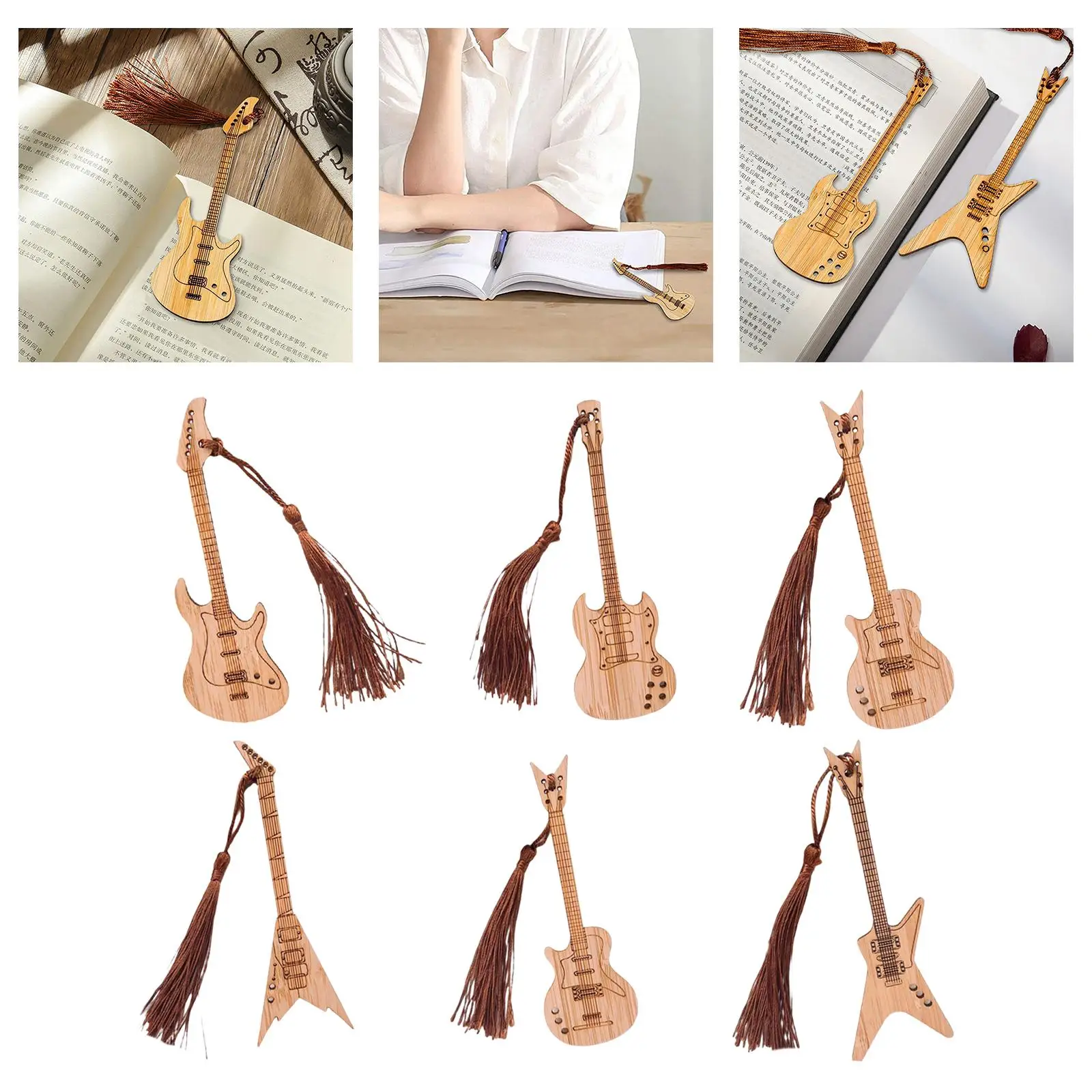 6 Pieces Guitar Bass Bookmarks with Tassels Clip Wood Bookmark for Readers