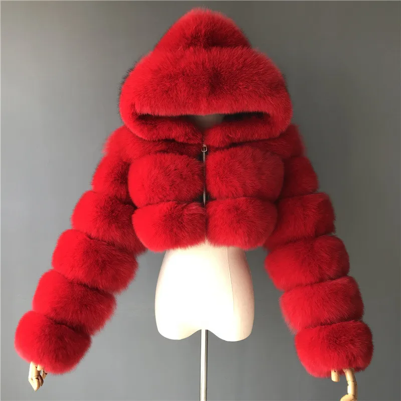 2023 Fashion Ultrashort Faux Fox Fur Coat Women Winter Hooded Fur Jacket Female Thicken Outerwear Artificial Fur Overcoat