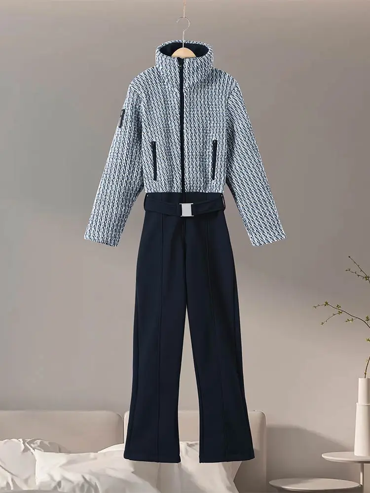 Damen-Ski-Overall, bedruckt, Stehkragen, Verschluss, Gürtel, Taille, Mäntel, Schlaghose, warme Winter-Oberbekleidung, Schnee-Sport, einteilige Sets – Detail 3