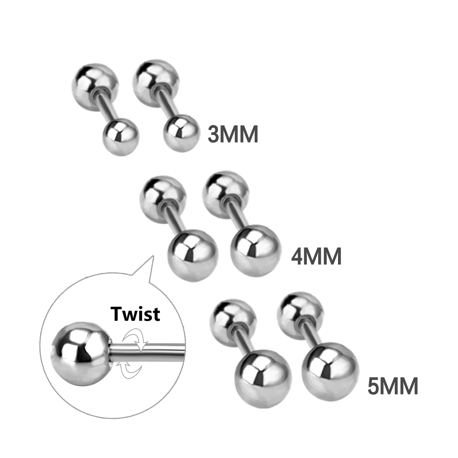 Wholesale Set of 12 Pairs Stainless Steel Ball Stud Earrings with Screw Back, Mixed Sizes