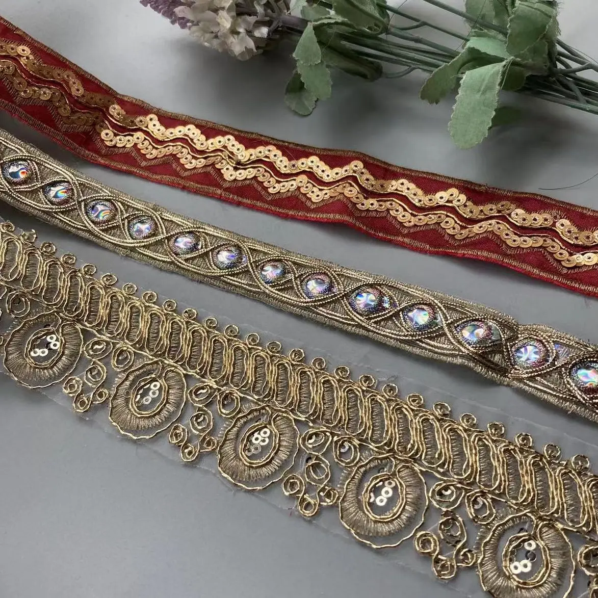 1 Yards Red Ethnic Gold Thread Sequins Webbing Ribbon Tape Shoes Dress Embroidered Lace Trims DIY Sewing Accessorie New