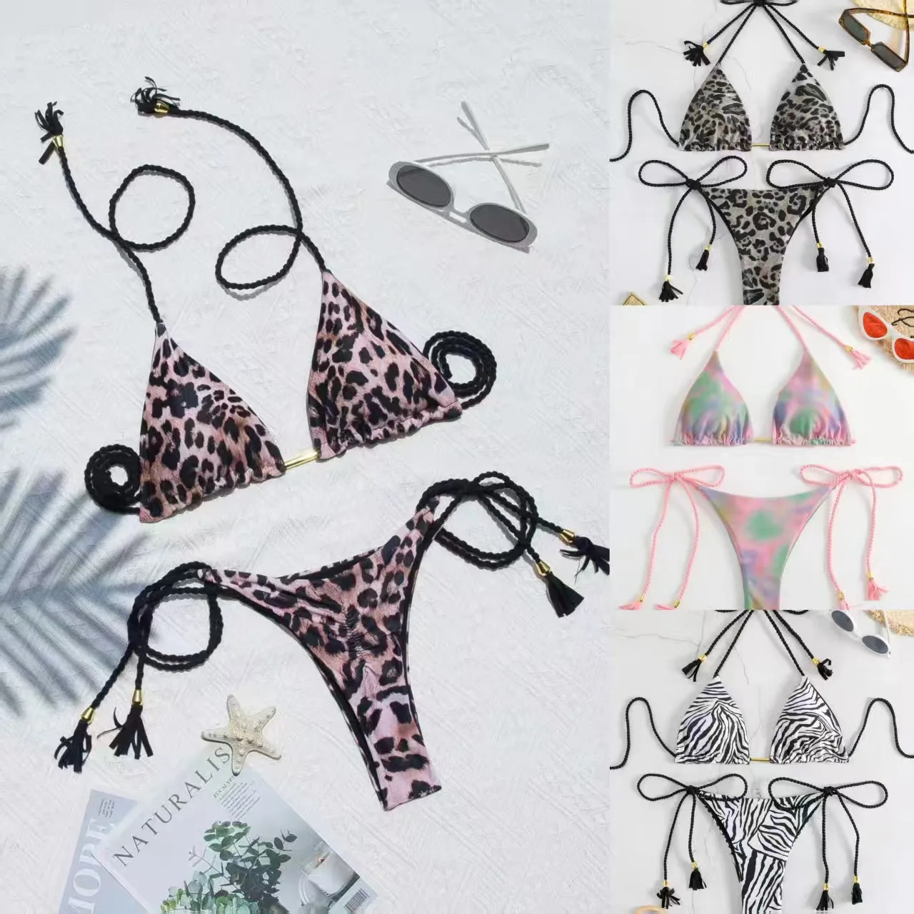 Leopard Print Frauen Badeanzug Flechten Seil Bandage Bikini Set Zwei-stück Dreieck Bademode Badeanzug Frauen Brasilianische Biquinis