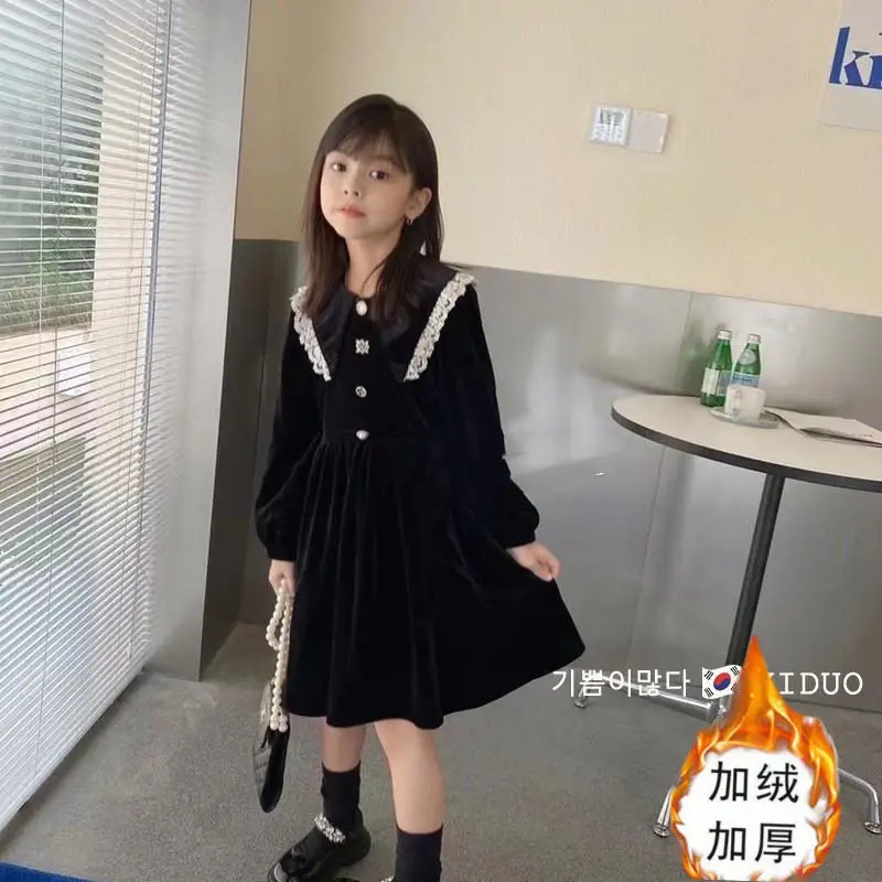 

Girls' Autumn and Winter Dress 2022 New Fleece-Lined Thickened Casual Dress Princess Dress Gold Velvet