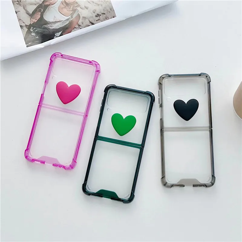 New Simple 3D Love Heart Transparent Four Corners Anti-drop Shockproof Phone Case for Samsung Galaxy Z Flip 3 5G Z Flip3 Z3 samsung galaxy flip3 case