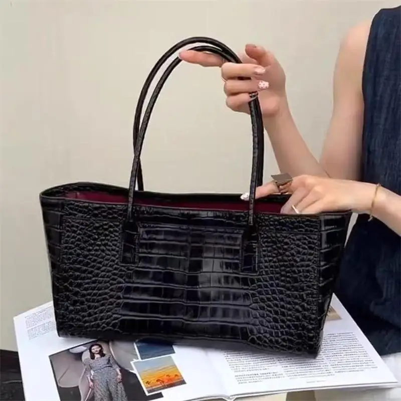 Luxury Crocodile Print Leather Bag, Vintage Green Large Capacity Handbag, Magnetic Buckle Clutch Casual Elegant Commuter Purse 3