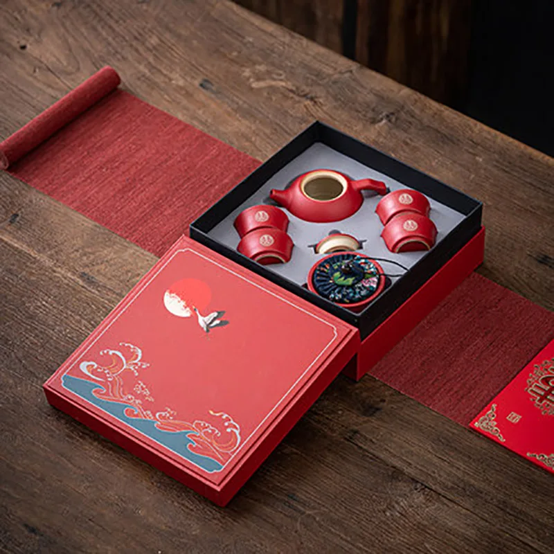 Ceramic Red Wedding Tea Set, Teaware, Porcelain Chinese Teapot, Caddy Cup, Double Happiness Kettle with Gift Box, Party Banquet