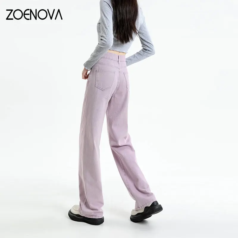 ZOENOVA Korean Long Trousers Casual Denim Pants Female Spring 2023 Straight Loose Women's Wide Leg Jeans Pink Purple -
