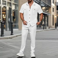New Casual Solid Color Mens Two Piece Suits Fashionable Buttoned Lapel Shirts And Trousers Men Outfits Spring Vintage Loose Set 2