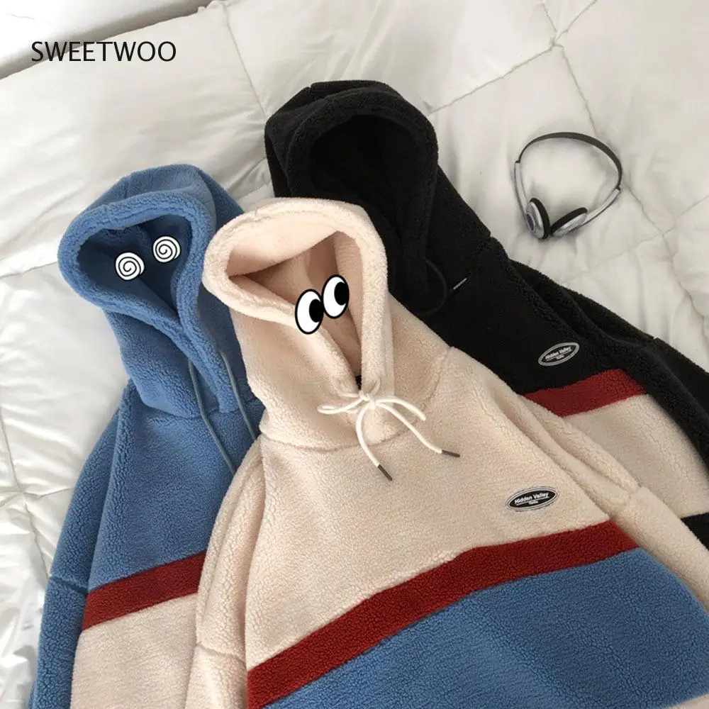 

Women Patchwork Stripe Hooded Sweatshirts Couples Loose Coats Casual Tops Pullover Korean Version Style Fashion Fleece Hoodies