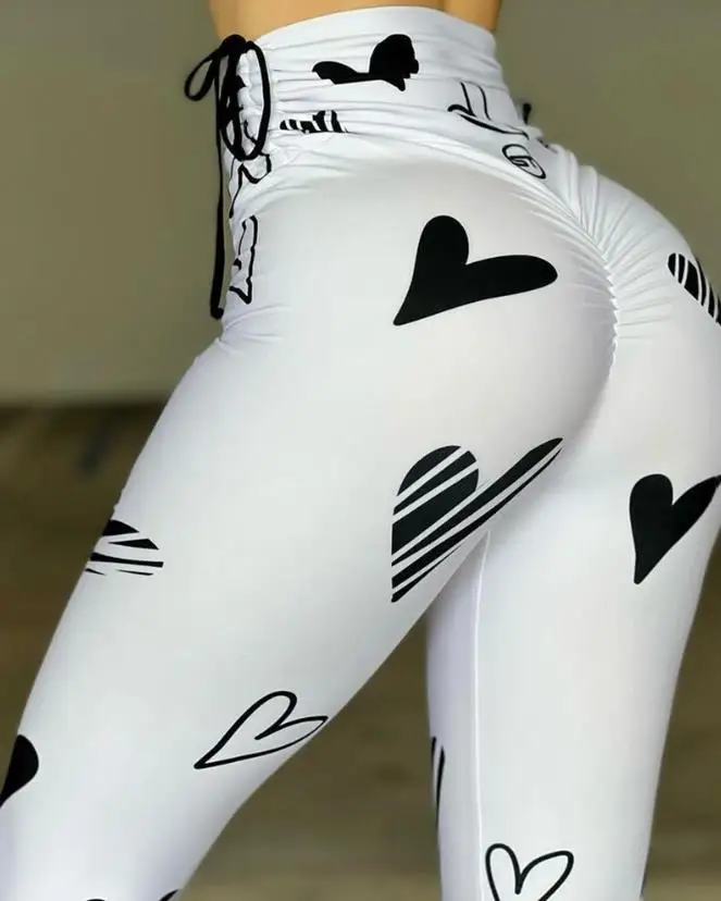 Casual Heart Print High Waist Leggings Drawstring Scrunch Europe and America Fashion Daily Women's Sporty Active Skinny Pants luckymarche daily sporty inner shortsqxaax23511whx