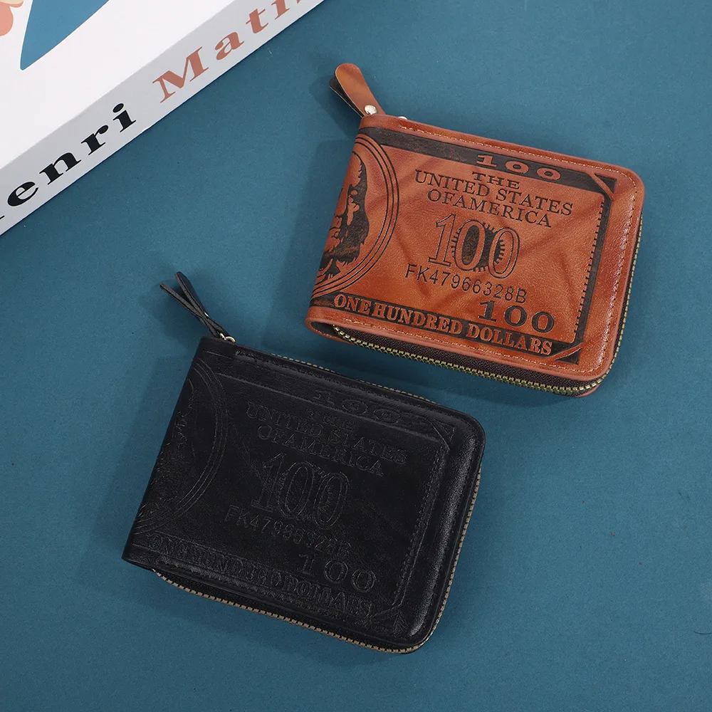 Retro Men's Short Wallet Ultra-Light Zipper Coin Purse Us Dollar Printed Wallet Portable Coin Purse Money Pouch
