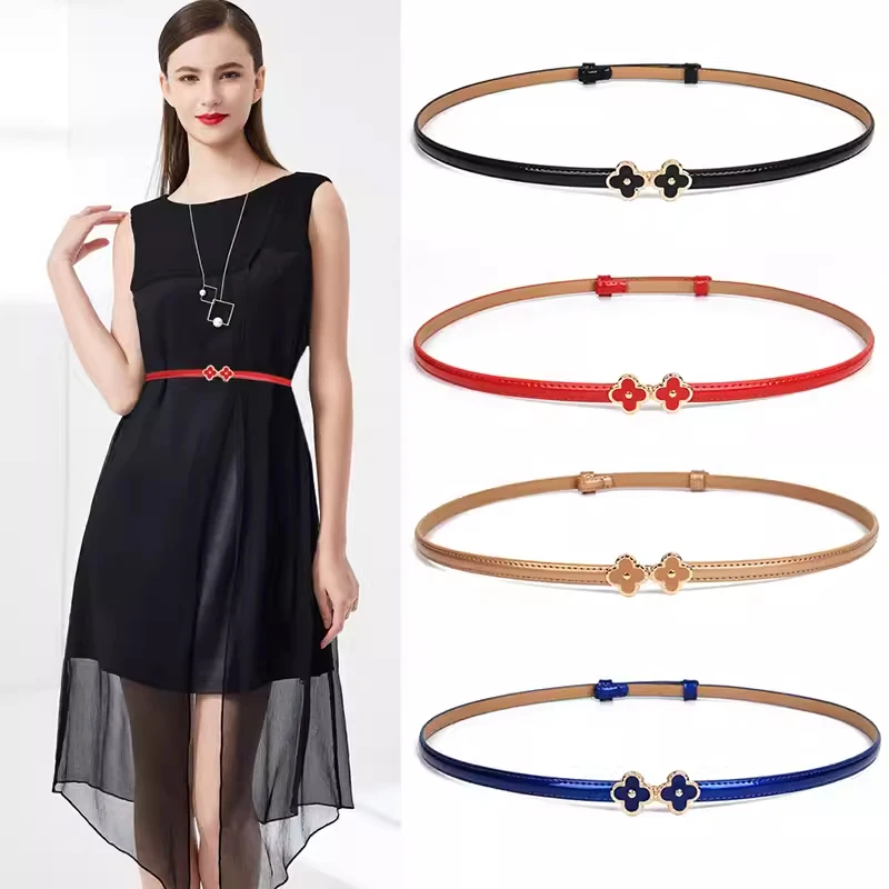 

Fashionable adjustable thin waist genuine leather lucky four-leaf clover buckle women's belt with coat and dress luxury belt