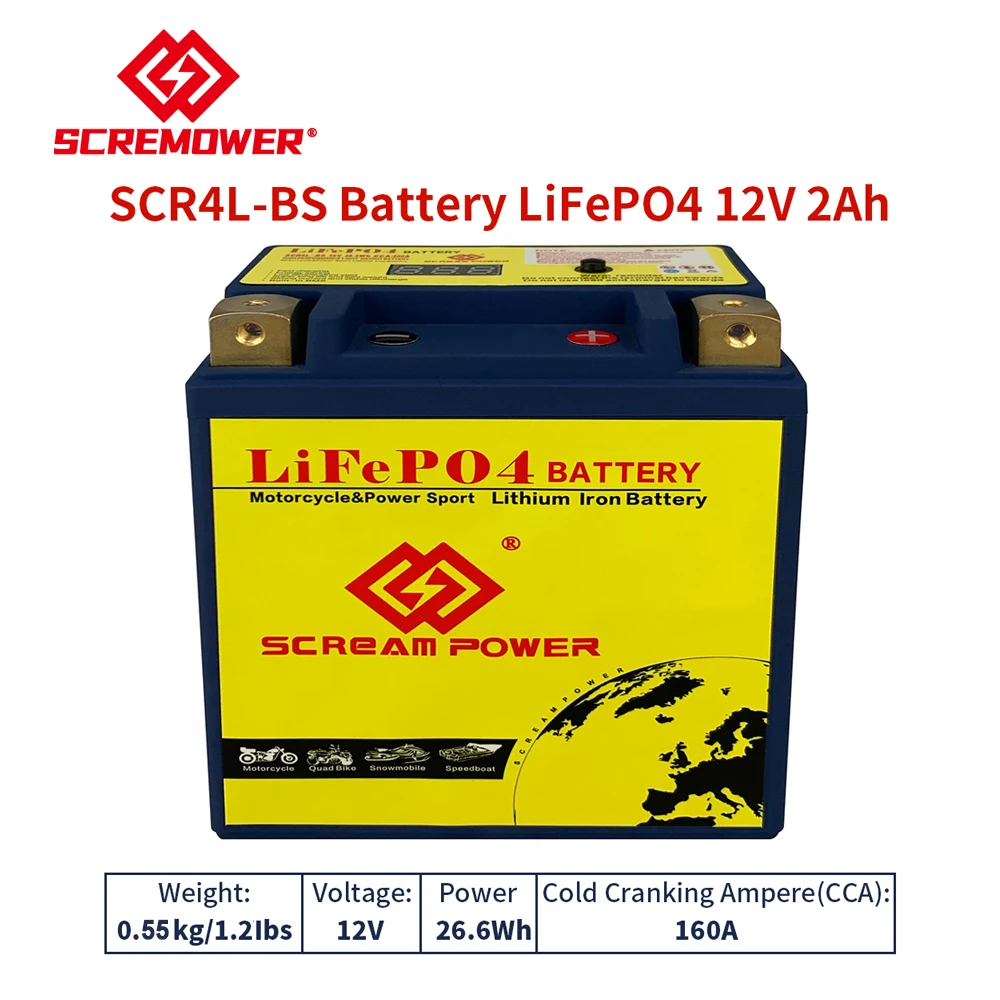 Motorcycle Lithium Phosphate Battery 4L-BS 12V 2Ah LiFePO4 Starter CCA 160A Built-in BMS with Voltage Display