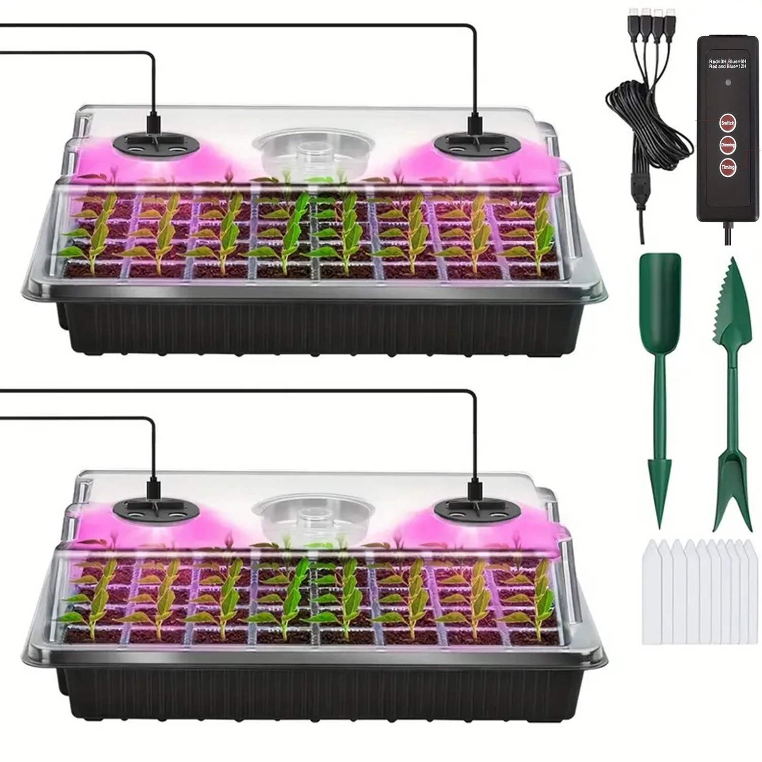 2-Piece Seed Starter Kit With Grow Light 80-Cell Tray Adjustable Brightness Timer USB Powered