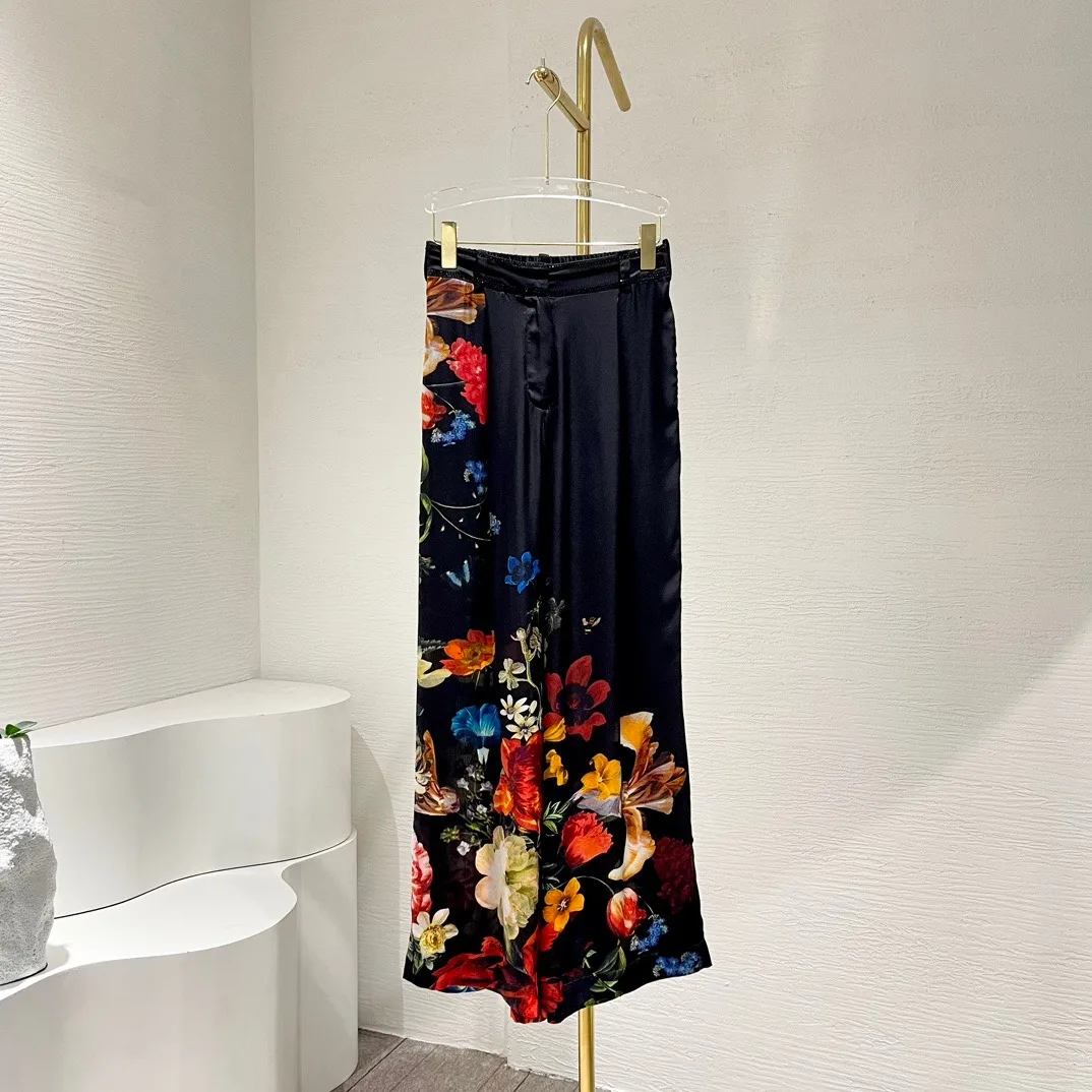 Pure Silk High Quality 2024 New Summer Elegant Black Red Flower Print Long Sleeve Diamonds Pressed Blouse Tops Pants Set
