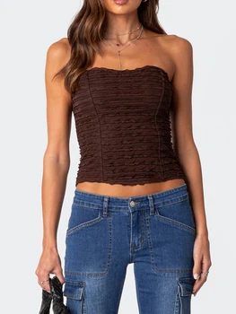 Women's Summer Fashion Tube Tops Sleeveless Open Back Off Shoulder Ruched Bandeau 1