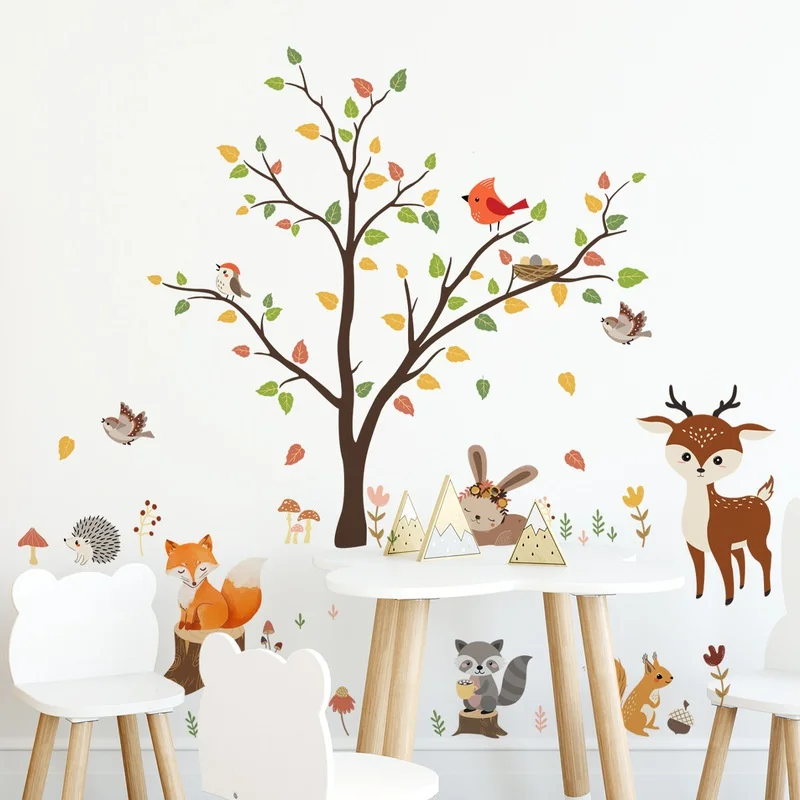 

Kids Room Wall Stickers Cartoon Animals Tree Stickers DIY Wallpaper for Home Decor Fox Deer Wall Decals Baby Nursery Bedroom
