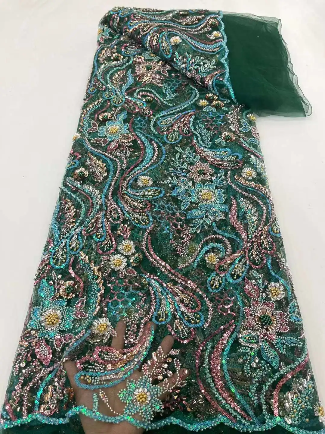 

Luxury Green Nigerian Handmade Beads Lace Fabric French Mesh Tulle Sequins Beaded Embroidery African Lace Sewing Material