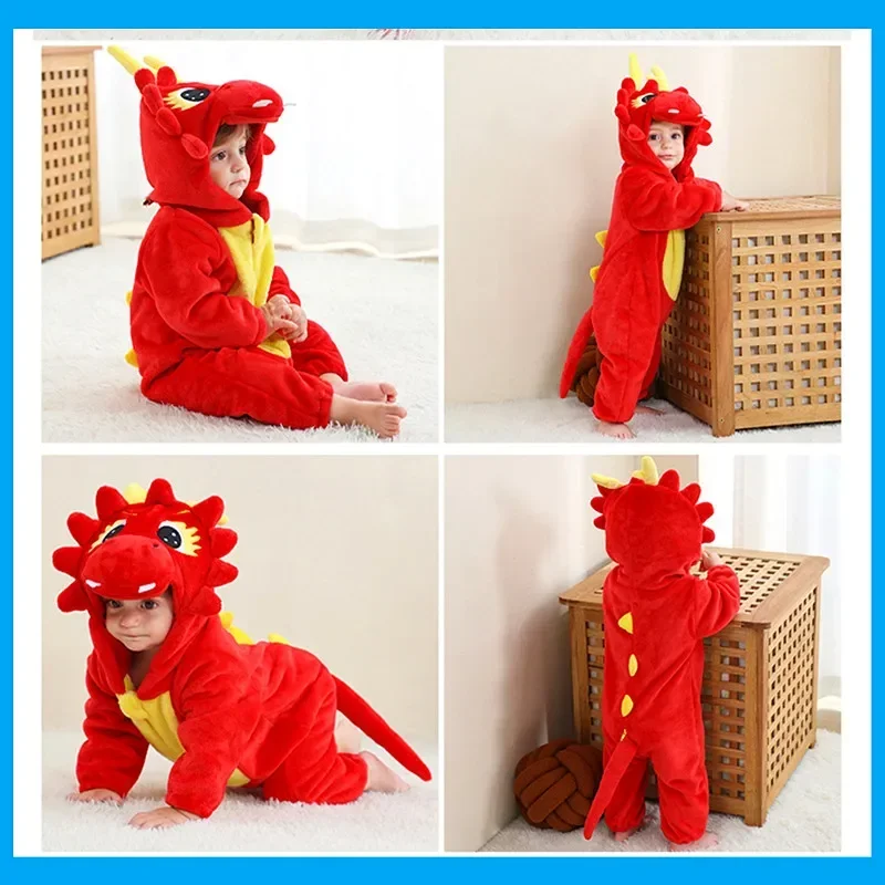 

Toddler Red Dinosaur Bodysuit Baby Anime Dinosaur Crawl Suit Flannel Warm Hooded Costume Halloween Cosplay Cartoon Pajamas