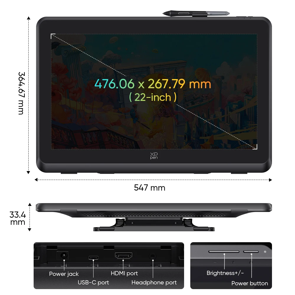 XPPen Artist 22 Plus Graphics Tablet Monitor 16K Pressure Levels X3 Pro Smart Stylus 22-inch 130% sRGB for Android Windows Mac 3