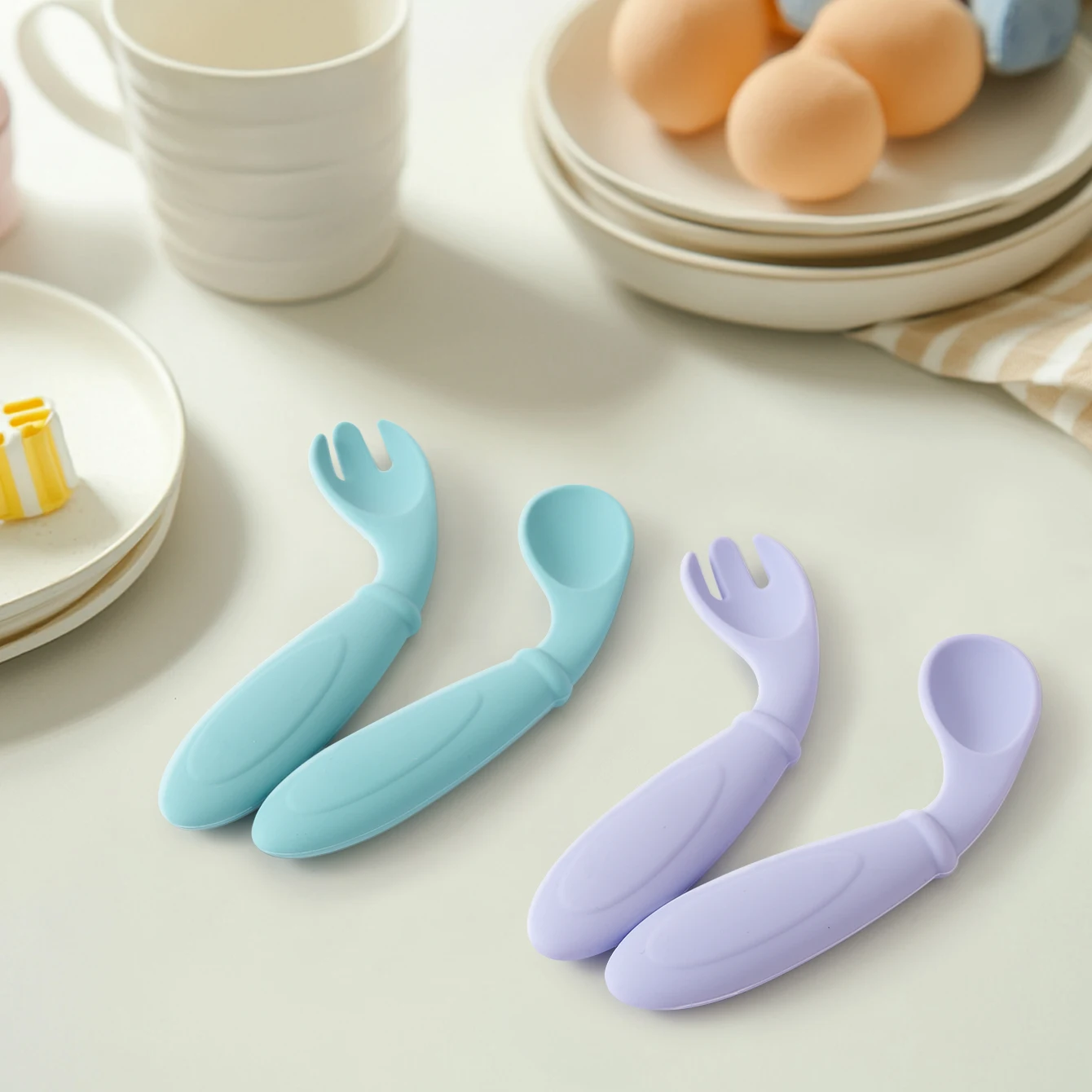 2PCS Silicone Baby Spoon Fork Set BPA Free Self Feeding Training Utensils for 6M+ Toddlers Travel Safe Cutlery Baby Tableware