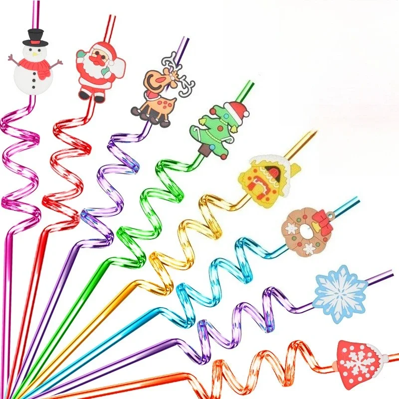 10-100PCS Cute Christmas Drinking Straws Santa Reindeer Snowflake Plastic Straws Kids Party Supplies Holiday Gift Party Favor 1