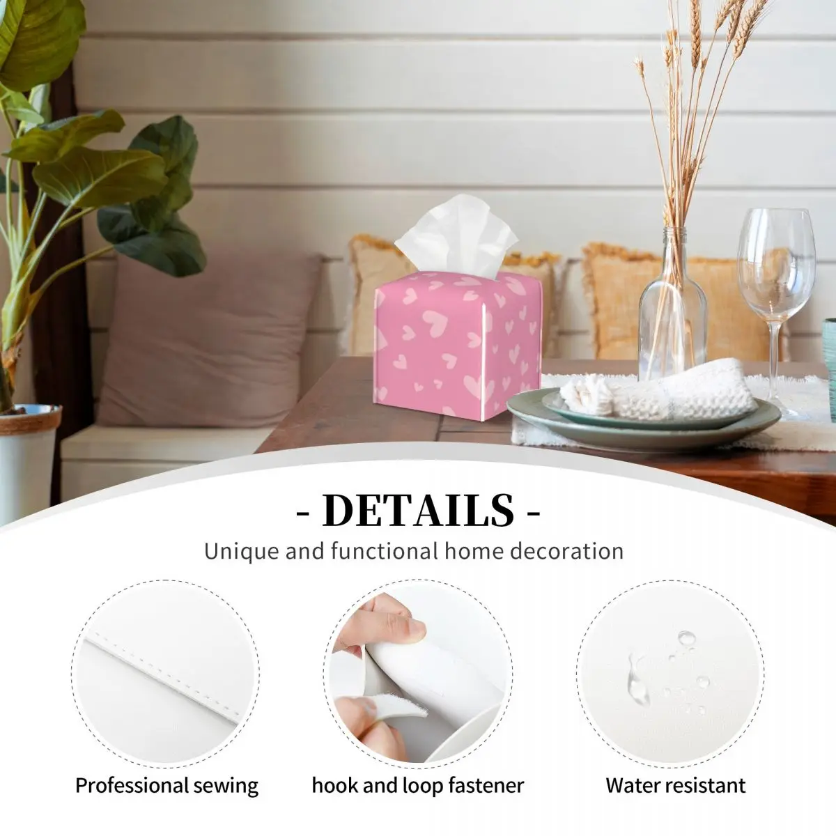 Custom Pink Hearts Pattern Tissue Box Cover Square PU Leather Facial Tissues Holder for Home 3
