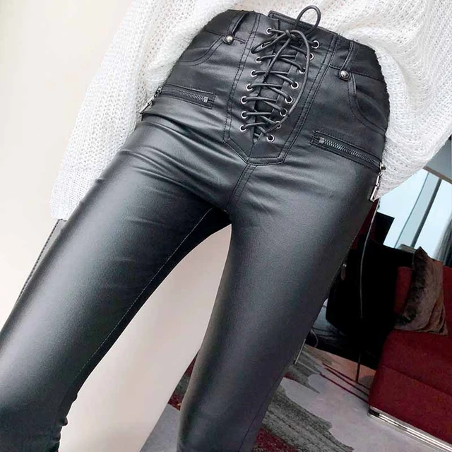 PU Leather Trousers Lace-up High Waist Skinny Pencil Pants Zipper