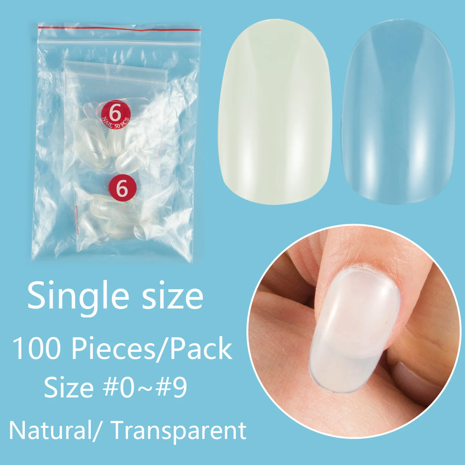 Middle Round Shape 100 Pieces Single Size False Nail Tips 10 Sizes