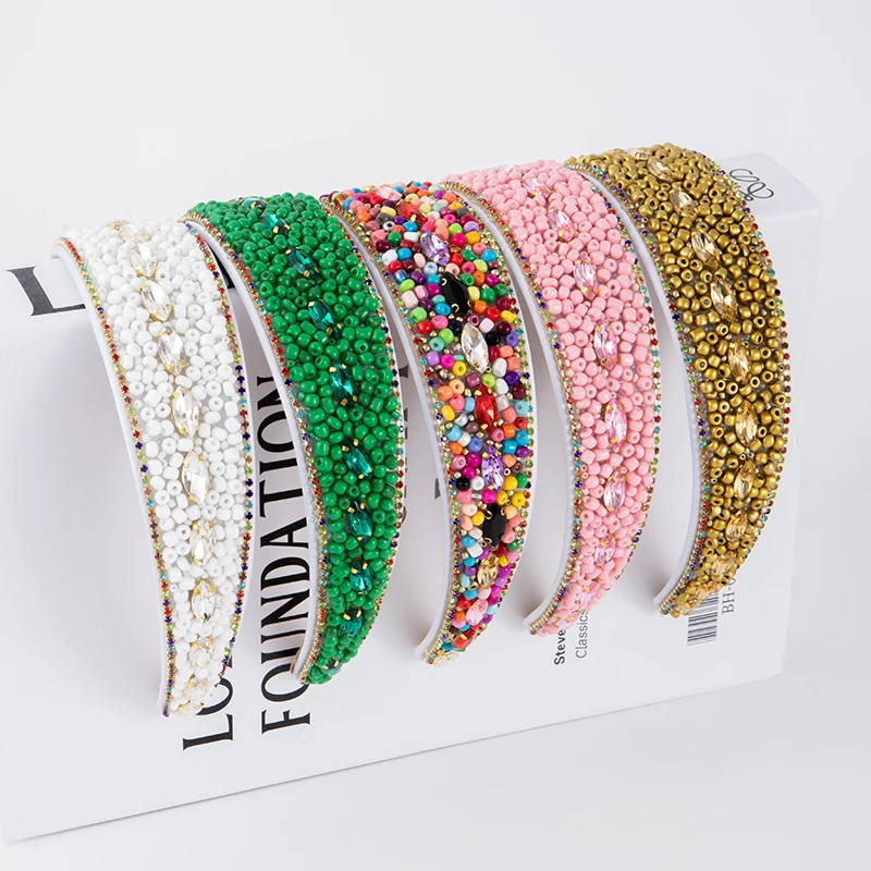 Cross-border sales of new fashion wide edge pure handmade colored bead headband lovely temperament all match ladies headwear southberg factory wholesale gypsophila colored diamond steel band watch genuine colored diamond ladies watch fashion goldblack