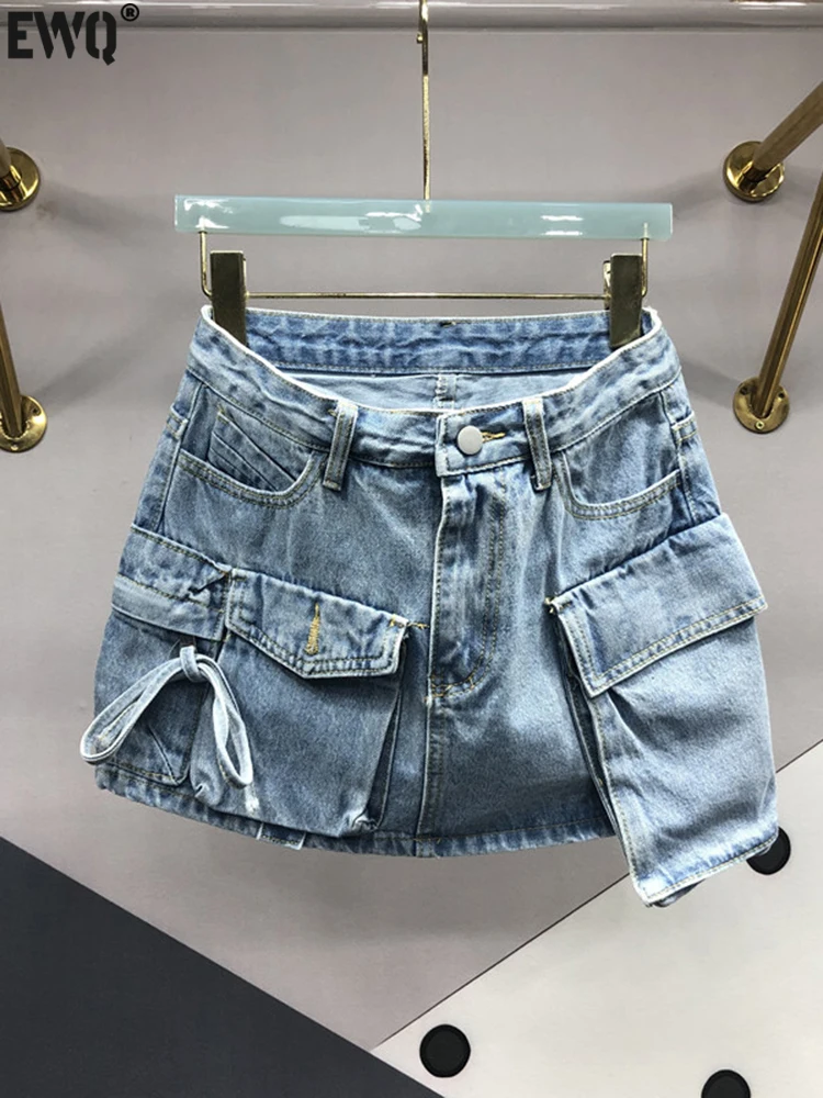 

[EWQ] Women Pocket Spliced Color Solid Denim Skirt High Waist Bow Tie Vintage Blue Skirts 2023 Summer New All-match Clothes 7356