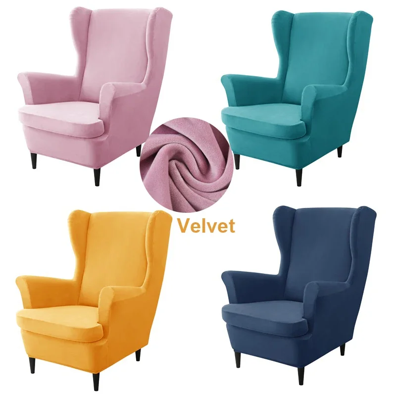 Velvet Wingback Chair Covers Stretch Wing Armchair Cover with Seat Cushion Cover Elastic Sofa Slipcovers Solid Color Sofa Covers