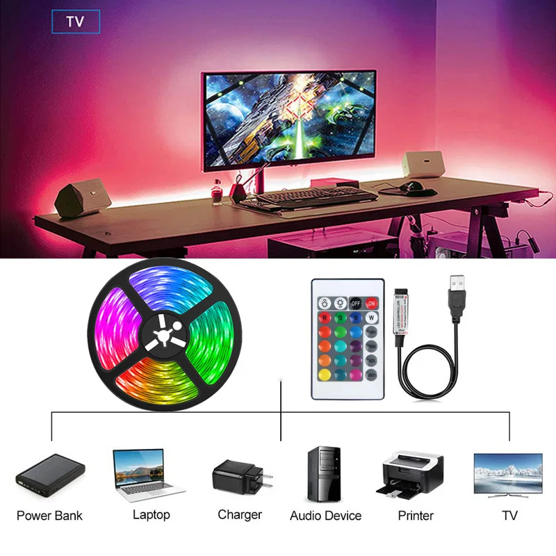 DC5V USB LED Strip Light 5050 RGB Infrared Control with 24Keys Color Change Lamp for Room Decor Holiday Christmas Party Lighting 4