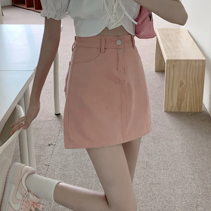 JMPRS Cute Pink Women Denim Skirt Korean High Waist A Line Fashion Designed Summer Jeans Mini Skirts Casual Slim Ladies Skirt white pleated skirt