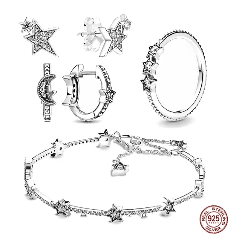 سوار تنس جديد من الفضة الإسترليني عيار 925 على شكل نجمة، أقراط، خواتم، مجوهرات الزركون اللامعة عالية الجودة، هدية رائعة