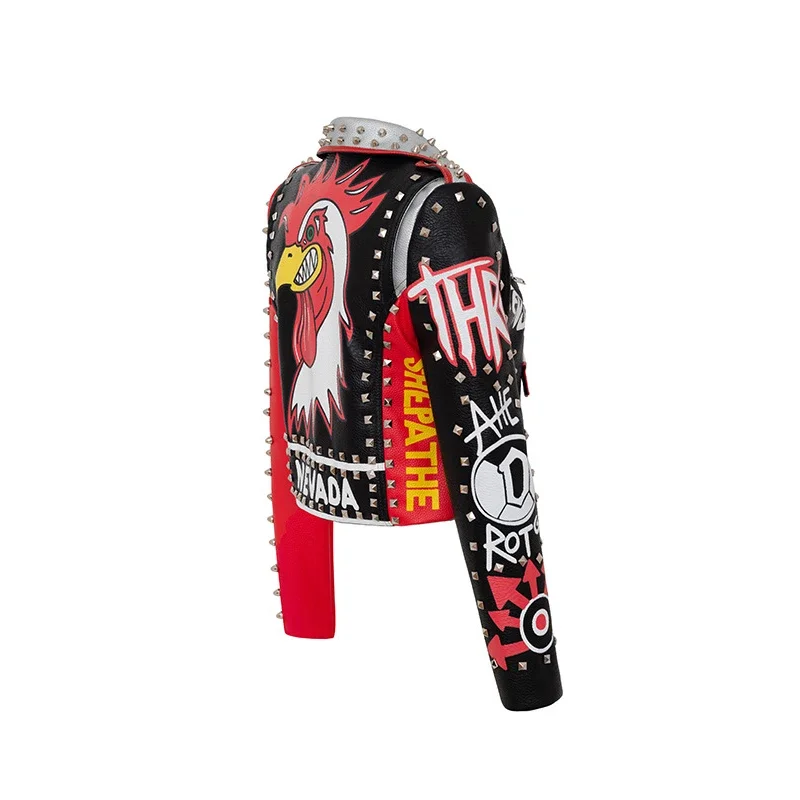 Punk Cropped Motorcycle Leather Jacket Women 2024 Trend Streetwear Graffiti Print Contrast Faux Leather Studded Jackets