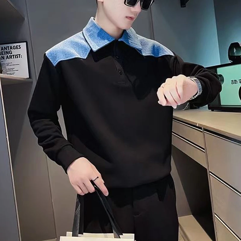 Spring Autumn Vintage Denim Patchwork Loose Casual Sweatshirt Homme Long Sleeve Fashion Simple All-match Bottomed Pullover Top