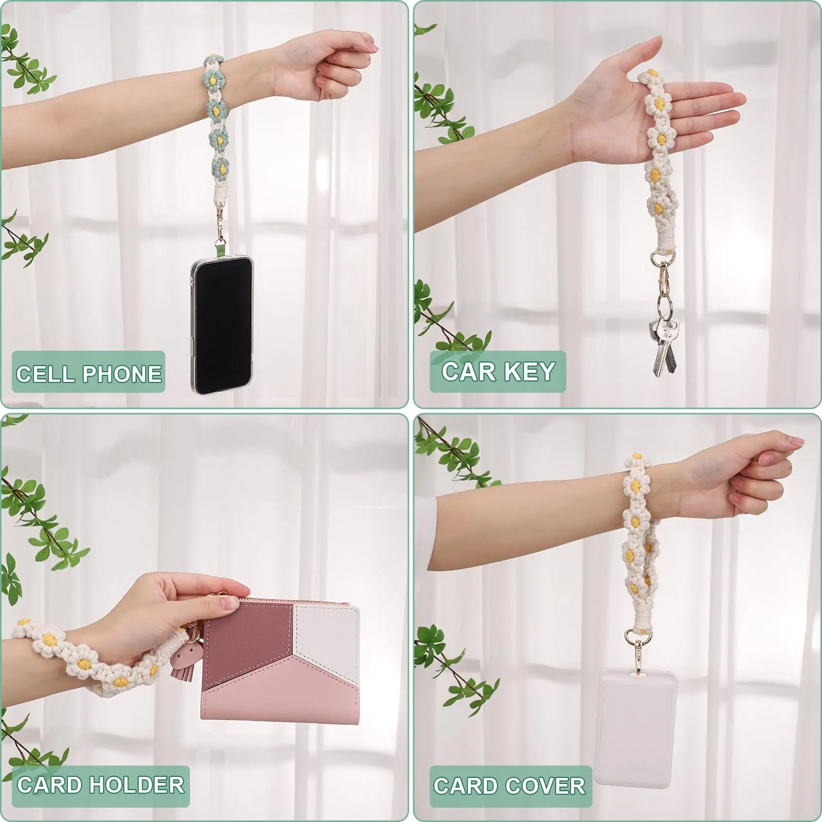 1/2PCS 보헤미안 손으로 짠 로프 키 체인 손목 스트랩 북유럽 스타일 데이지 꽃 휴대 전화 끈