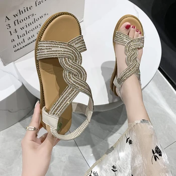 2022 Bling Wedges Flip Flops Women Rhinestones Female Summer Luxury Leather Crystal Slippers Ladies Babouche Sandals Shoes 2