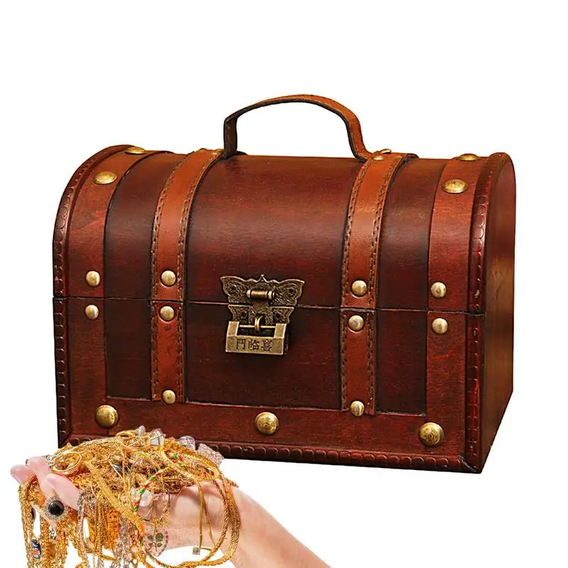 

Нагрудная коробка с крышкой, многофункциональная деревянная нагрудная коробка с ручками для украшения комнаты, для безопасного хранения разнообразных ювелирных документов